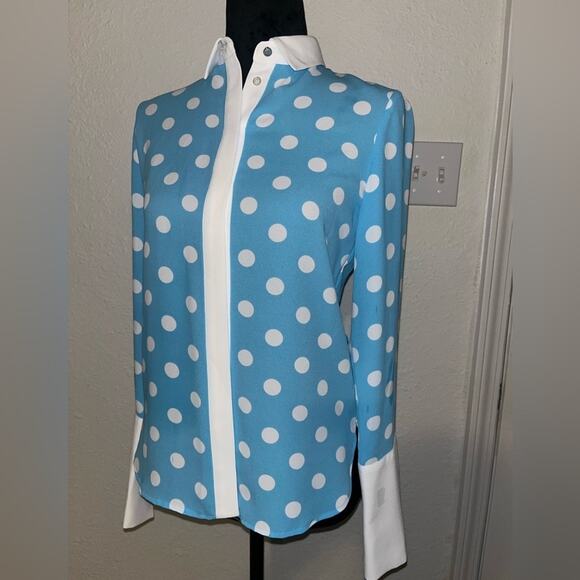 VINTAGE ANNE KLIEN POLKA DOT BLOUSE WITH SLIT CUFF SIREN BLUE/NYC WHITE SIZE XS - Picture 12 of 13